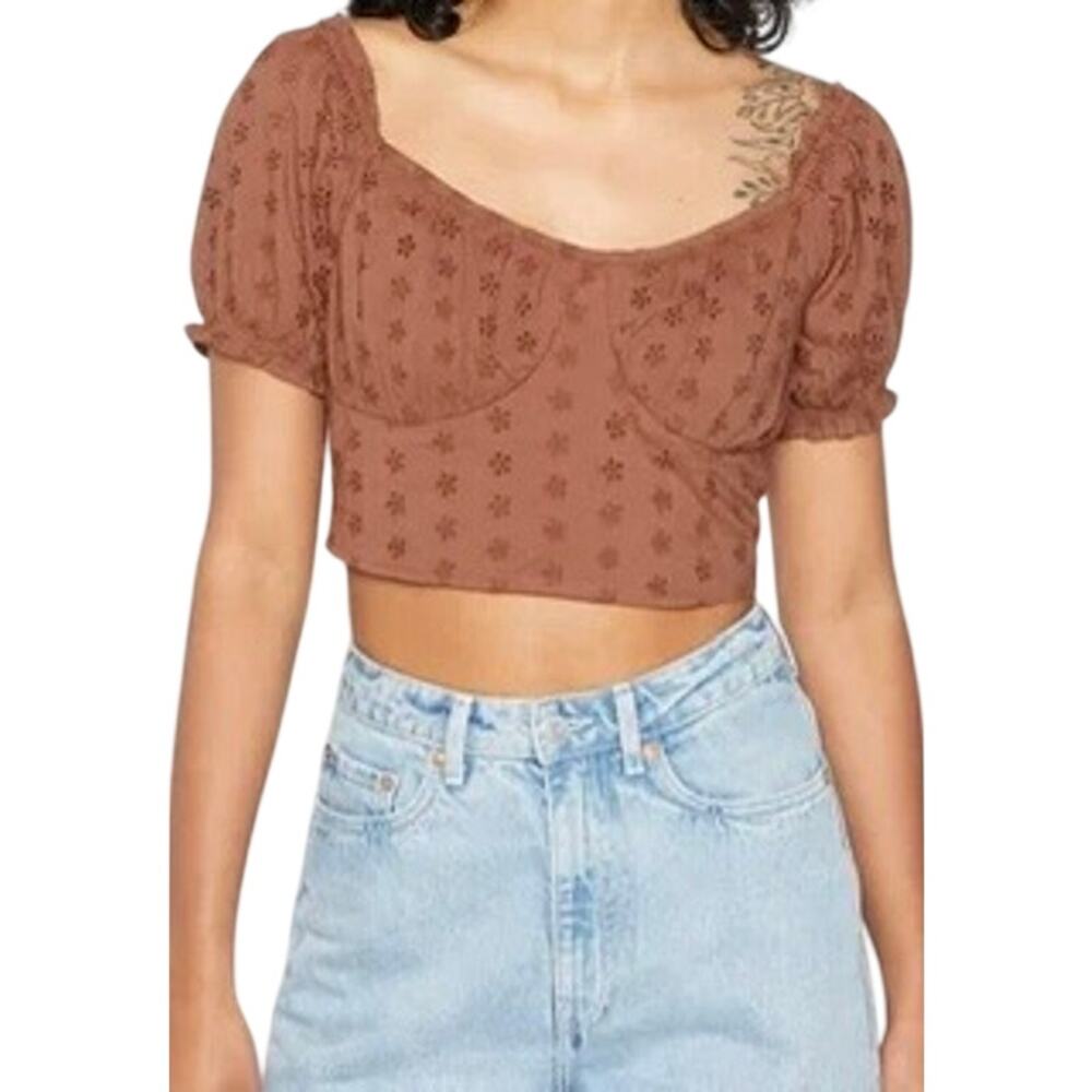 Hollister Brown Eyelet Embroidery Puff Sleeve Smocked Crop Top Size XS